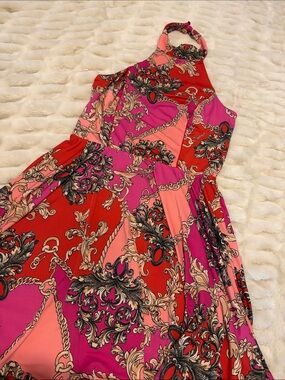 VENUS Red Halter Dress with Pink Accents